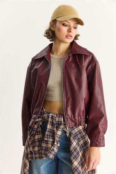 Kadın Oversize Belli Lastikli Suni Deri Bomber Ceket 3128 60283558 - Bordo