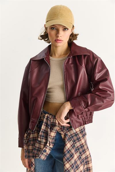 Kadın Oversize Belli Lastikli Suni Deri Bomber Ceket 3128 60283558 - Bordo