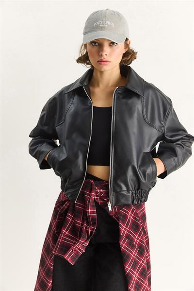 Kadın Oversize Belli Lastikli Suni Deri Bomber Ceket 3128 60283558 - Siyah