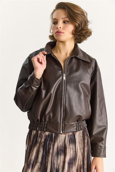 Kadın Oversize Belli Lastikli Suni Deri Bomber Ceket 3128 60283558 - Acı Kahve