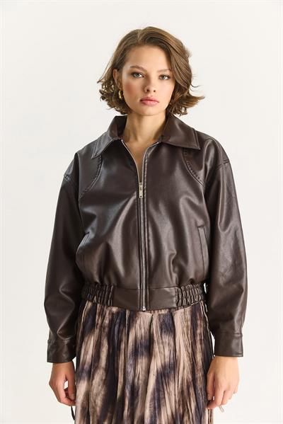 Kadın Oversize Belli Lastikli Suni Deri Bomber Ceket 3128 60283558 - Acı Kahve