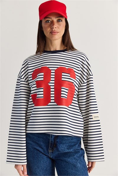 Kadın Oversize Çizgili 36 Baskılı Uzun Kollu T-Shirt 12680 60286585 - Ekru-Lacivert