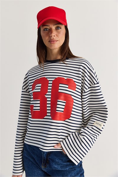 Kadın Oversize Çizgili 36 Baskılı Uzun Kollu T-Shirt 12680 60286585 - Ekru-Lacivert