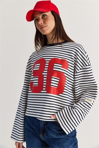 Kadın Oversize Çizgili 36 Baskılı Uzun Kollu T-Shirt 12680 60286585 - Ekru-Lacivert