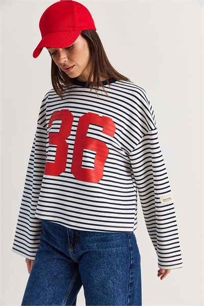 Kadın Oversize Çizgili 36 Baskılı Uzun Kollu T-Shirt 12680 60286585 - Ekru-Lacivert