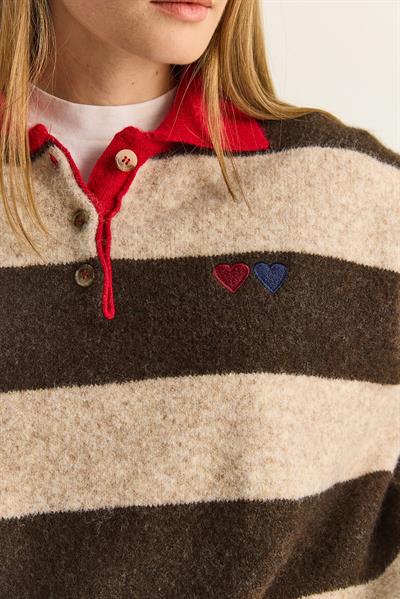 Kadın Oversize Çizgili Polo Yaka Kalp Desen Nakış İşlemeli Triko Kazak 2632 60283920 - Krem-Kahverengi
