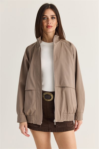 Kadın Oversize Dik Yaka Fermuarlı Lastik Bel Astarlı Kısa Trençkot 2820 60286510 - Vizon