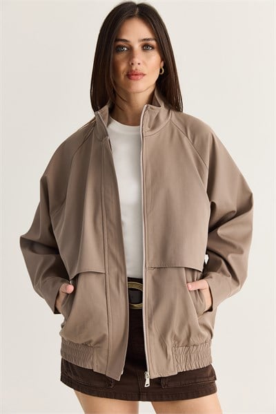 Kadın Oversize Dik Yaka Fermuarlı Lastik Bel Astarlı Kısa Trençkot 2820 60286510 - Vizon DIŞ GİYİM modelleri