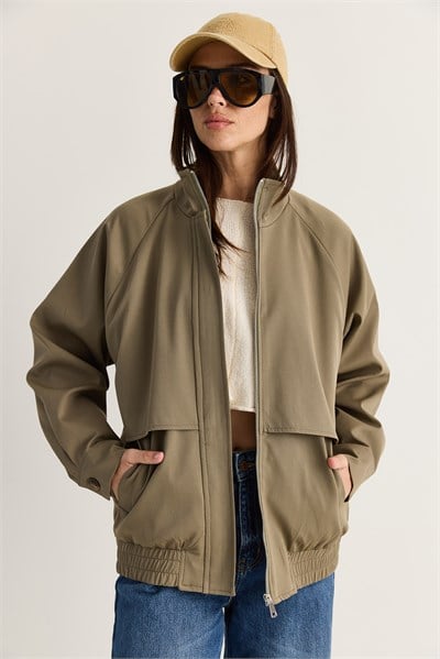 Kadın Oversize Dik Yaka Fermuarlı Lastik Bel Astarlı Kısa Trençkot 2820 60286510 - Haki DIŞ GİYİM modelleri
