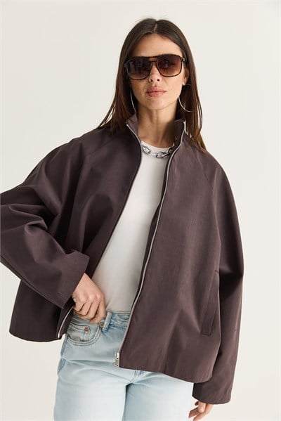 Kadın Oversize Dik Yaka Fermuarlı Reglan Kol A Kesim Kısa Trençkot 2100 60286511 - Acı Kahve