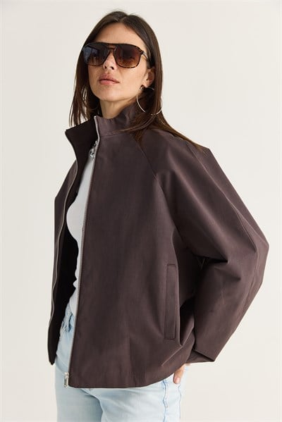 Kadın Oversize Dik Yaka Fermuarlı Reglan Kol A Kesim Kısa Trençkot 2100 60286511 - Acı Kahve