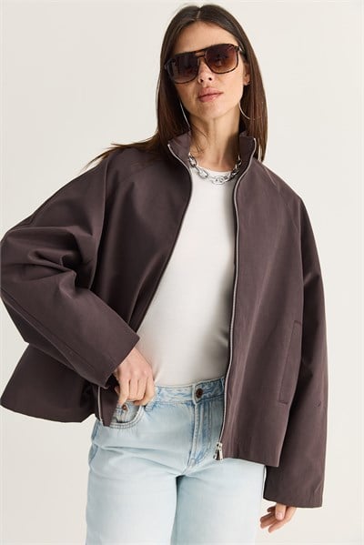 Kadın Oversize Dik Yaka Fermuarlı Reglan Kol A Kesim Kısa Trençkot 2100 60286511 - Acı Kahve