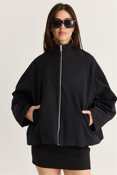 Kadın Oversize Dik Yaka Fermuarlı Reglan Kol A Kesim Kısa Trençkot 2100 60286511 - Siyah DIŞ GİYİM modelleri