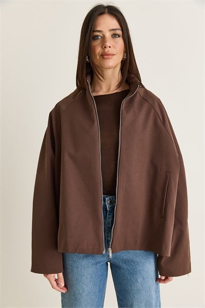 Kadın Oversize Dik Yaka Fermuarlı Reglan Kol A Kesim Kısa Trençkot 2100 60286511 - Kahverengi