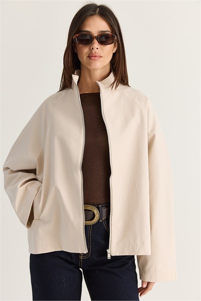 Kadın Oversize Dik Yaka Fermuarlı Reglan Kol A Kesim Kısa Trençkot 2100 60286511 - Bej