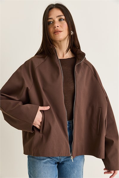 Kadın Oversize Dik Yaka Fermuarlı Reglan Kol A Kesim Kısa Trençkot 2100 60286511 - Kahverengi
