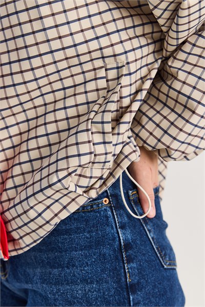 Kadın Oversize Ekose Desenli Astarlı Su İtici Yağmurluk Trençkot 4000 60286588 - Krem-Lacivert