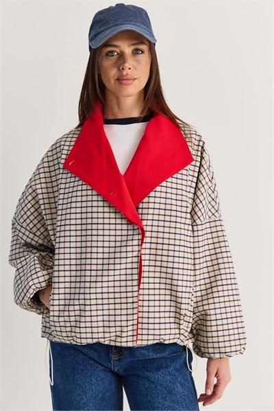 Kadın Oversize Ekose Desenli Astarlı Su İtici Yağmurluk Trençkot 4000 60286588 - Krem-Lacivert