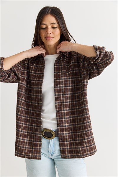Kadın Oversize Ekose Desenli Oduncu Gömlek DG261035 60286552 - Kahverengi-Vizon
