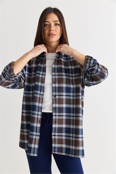 Kadın Oversize Ekose Desenli Oduncu Gömlek DG261035 60286552 - Kahve-Lacivert