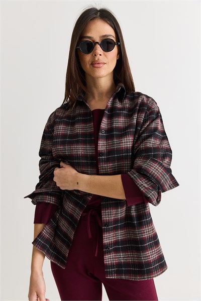 Kadın Oversize Ekose Desenli Oduncu Gömlek DG261035 60286552 - Siyah-Gri