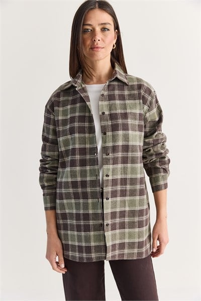 Kadın Oversize Ekose Desenli Oduncu Gömlek DG261035 60286552 - Kahverengi-Haki