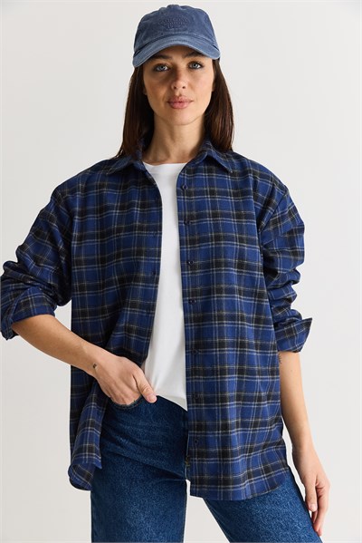 Kadın Oversize Ekose Desenli Oduncu Gömlek DG261035 60286552 - Gri-Lacivert