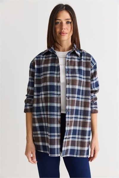 Kadın Oversize Ekose Desenli Oduncu Gömlek DG261035 60286552 - Kahve-Lacivert