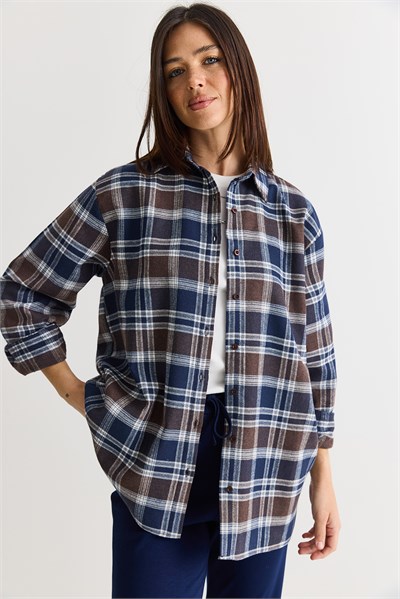 Kadın Oversize Ekose Desenli Oduncu Gömlek DG261035 60286552 - Kahve-Lacivert