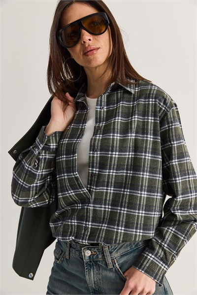 Kadın Oversize Ekose Desenli Oduncu Gömlek DG261035 60286552 - Haki-Ekru