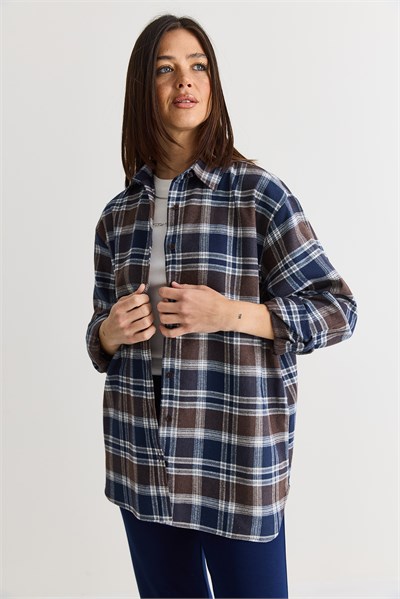 Kadın Oversize Ekose Desenli Oduncu Gömlek DG261035 60286552 - Kahve-Lacivert