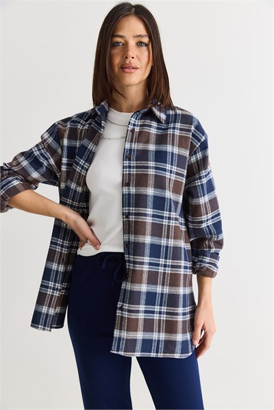 Kadın Oversize Ekose Desenli Oduncu Gömlek DG261035 60286552 - Kahve-Lacivert