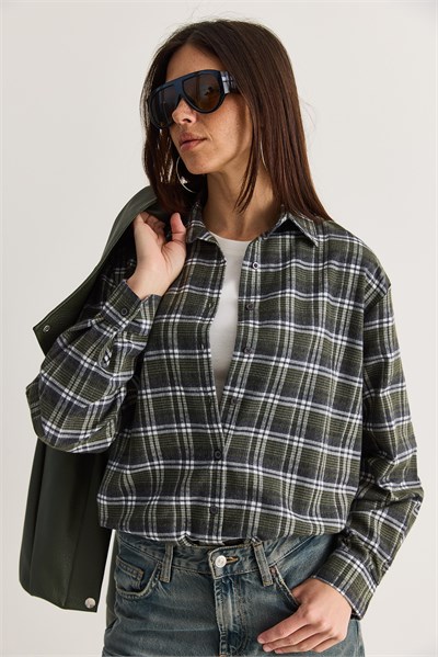 Kadın Oversize Ekose Desenli Oduncu Gömlek DG261035 60286552 - Haki-Ekru