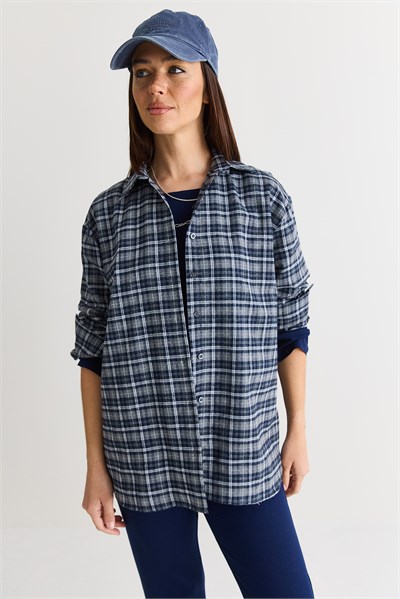 Kadın Oversize Ekose Desenli Oduncu Gömlek DG261035 60286552 - Ekru-Haki