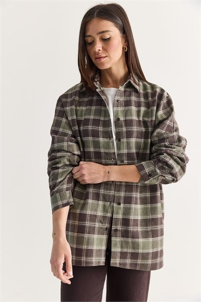 Kadın Oversize Ekose Desenli Oduncu Gömlek DG261035 60286552 - Kahverengi-Haki