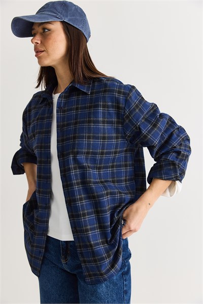 Kadın Oversize Ekose Desenli Oduncu Gömlek DG261035 60286552 - Gri-Lacivert