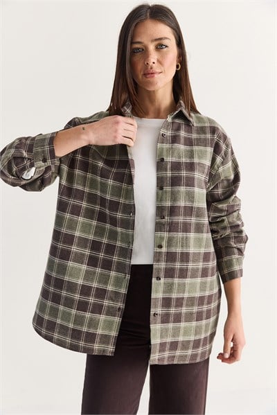 Kadın Oversize Ekose Desenli Oduncu Gömlek DG261035 60286552 - Kahverengi-Haki