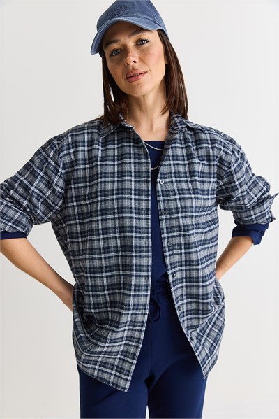 Kadın Oversize Ekose Desenli Oduncu Gömlek DG261035 60286552 - Ekru-Haki