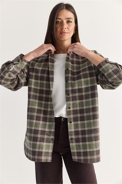 Kadın Oversize Ekose Desenli Oduncu Gömlek DG261035 60286552 - Kahverengi-Haki