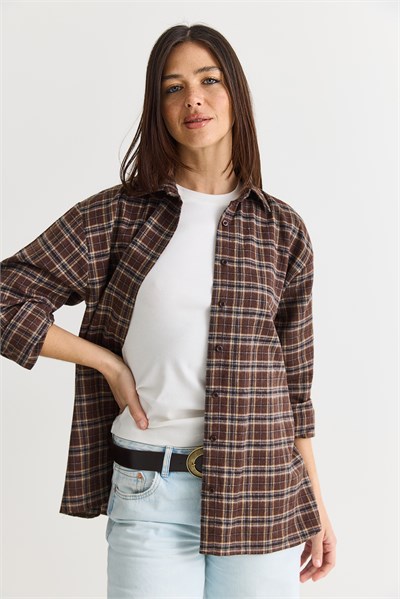 Kadın Oversize Ekose Desenli Oduncu Gömlek DG261035 60286552 - Kahverengi-Vizon