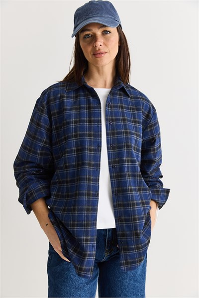 Kadın Oversize Ekose Desenli Oduncu Gömlek DG261035 60286552 - Gri-Lacivert
