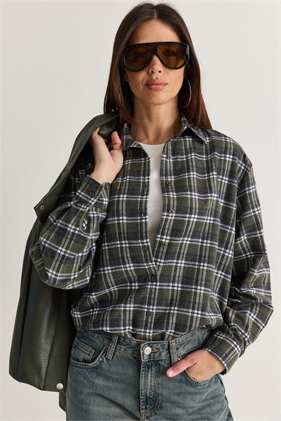 Kadın Oversize Ekose Desenli Oduncu Gömlek DG261035 60286552 - Haki-Ekru