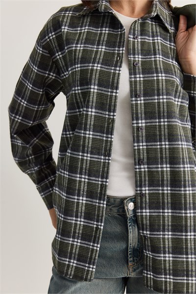 Kadın Oversize Ekose Desenli Oduncu Gömlek DG261035 60286552 - Haki-Ekru