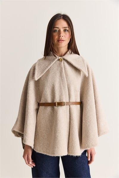 Kadın Oversize Gold Düğme Detaylı Keçe Dokulu Yakalı Kemerli Panço 55022 60286553 - Krem