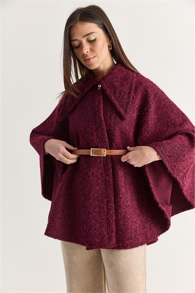 Kadın Oversize Gold Düğme Detaylı Keçe Dokulu Yakalı Kemerli Panço 55022 60286553 - Bordo