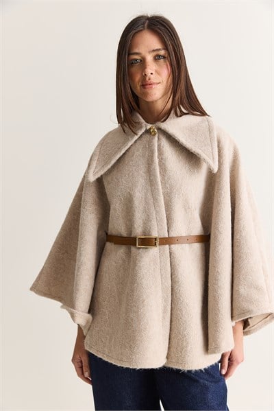 Kadın Oversize Gold Düğme Detaylı Keçe Dokulu Yakalı Kemerli Panço 55022 60286553 - Krem