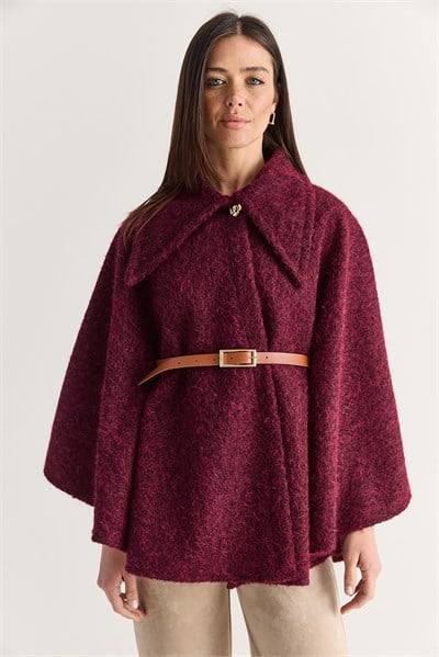 Kadın Oversize Gold Düğme Detaylı Keçe Dokulu Yakalı Kemerli Panço 55022 60286553 - Bordo