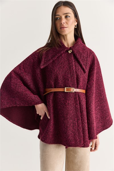 Kadın Oversize Gold Düğme Detaylı Keçe Dokulu Yakalı Kemerli Panço 55022 60286553 - Bordo
