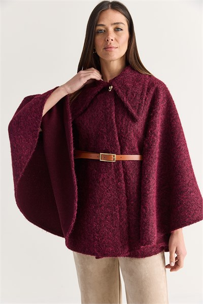 Kadın Oversize Gold Düğme Detaylı Keçe Dokulu Yakalı Kemerli Panço 55022 60286553 - Bordo
