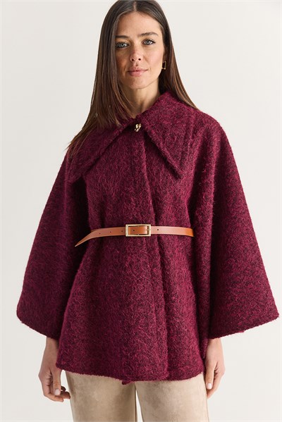 Kadın Oversize Gold Düğme Detaylı Keçe Dokulu Yakalı Kemerli Panço 55022 60286553 - Bordo